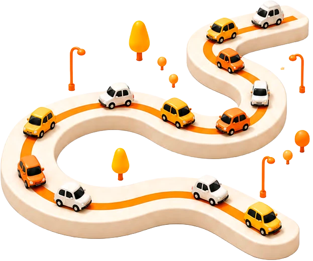 Rota isométrica movimentada com vários carros, representando estoque de alta demanda