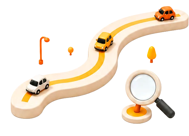 Rota isométrica com poucos carros e lupa, representando estoque em observação