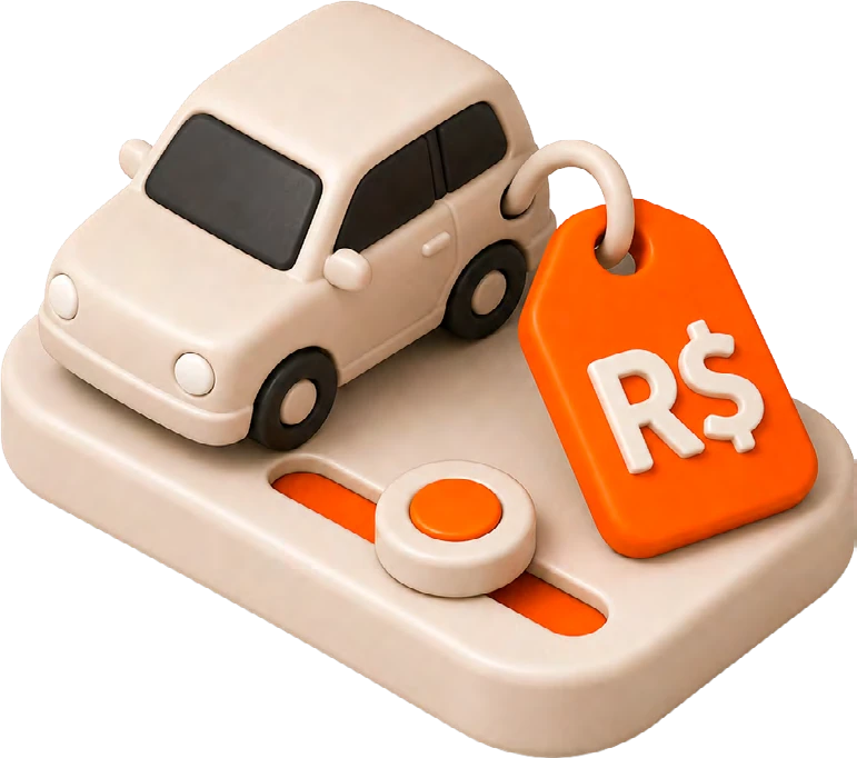 Ilustração 3D de um carro ao lado de uma etiqueta de preço