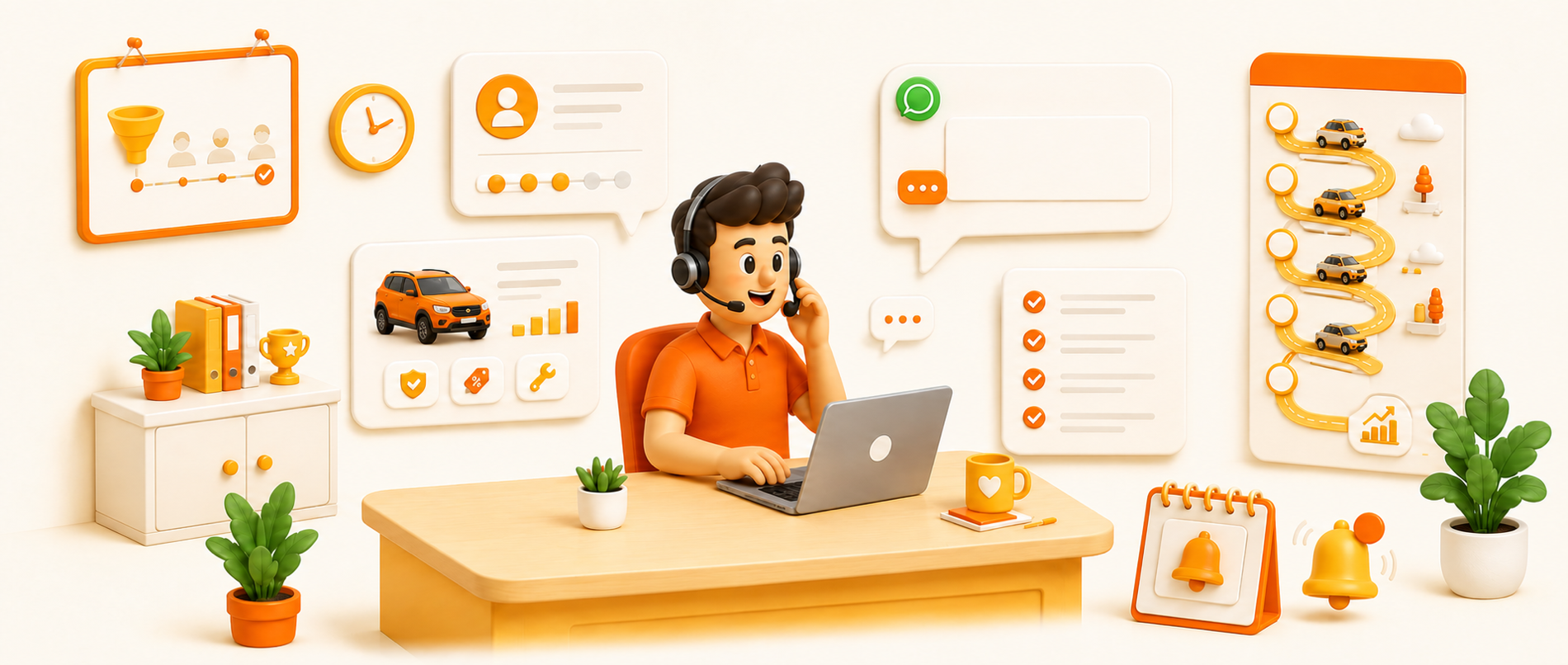 Atendente em uma mesa cercado por elementos de atendimento digital