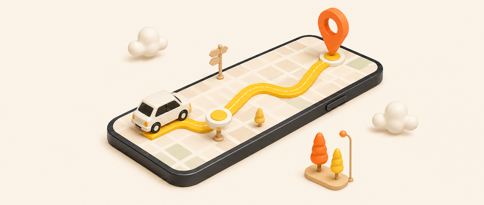 Celular isométrico com mapa, carro e rota até um ponto de localização